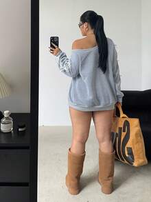 POPSWAY Plus Size Women Bow Decor Korean Style Oblique Collar Loose Casual Sweatshirt - Light Grey - View 2