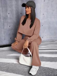SHEIN PETITE Drop Shoulder Crop Pullover & Drawstring Waist Sweatpants - Brown - View 4