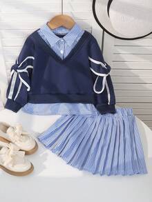 SHEIN 4-7 Years Old Girls Autumn/Winter Fashion Striped Collar V-Neck Long Sleeve Sweatshirt & Blue-White Striped Pleated Skirt 2 Piece Set - Navy Blue - View 1