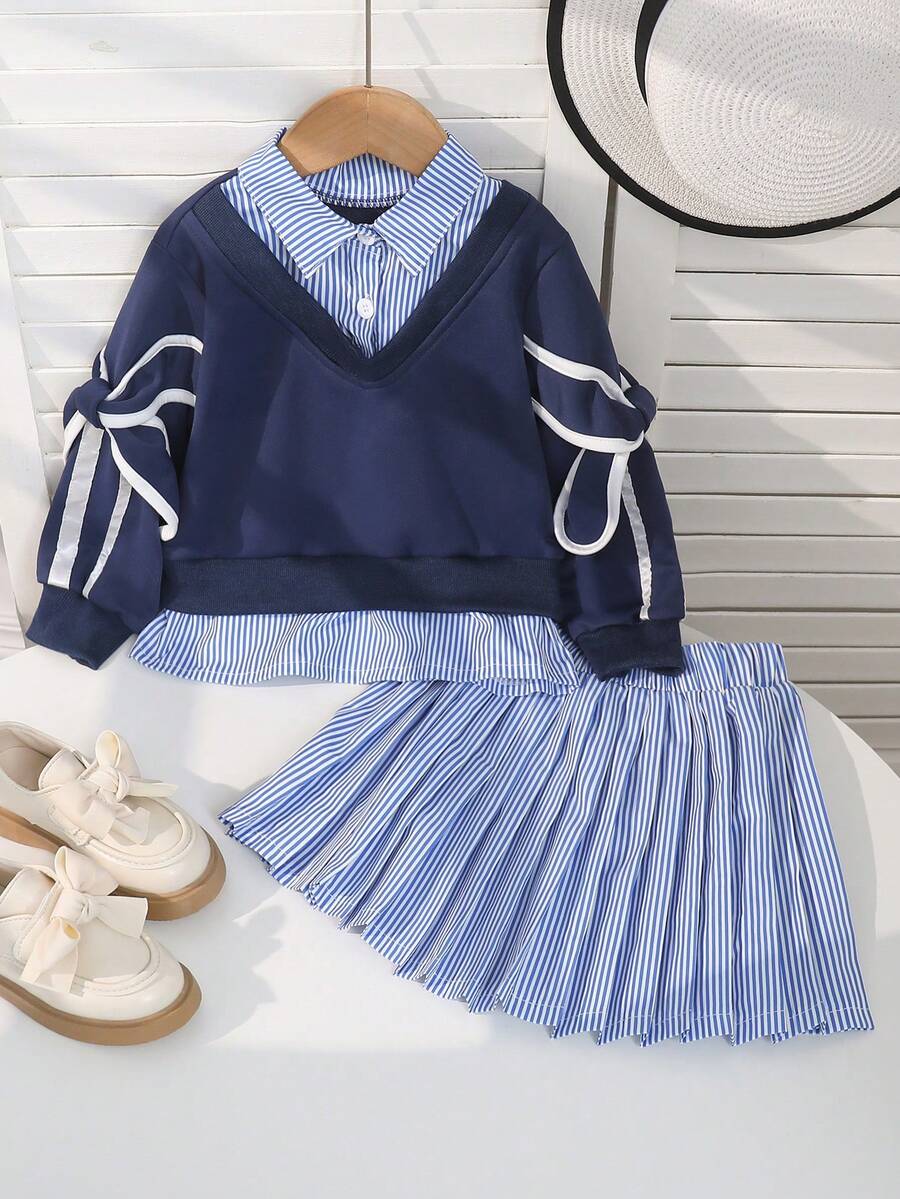 SHEIN 4-7 Years Old Girls Autumn/Winter Fashion Striped Collar V-Neck Long Sleeve Sweatshirt & Blue-White Striped Pleated Skirt 2 Piece Set - Navy Blue - View 1