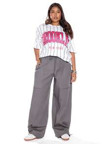 Solavibe Plus Size Women's Solid Color Tie Waist Wide Leg Loose Casual Pants,Drawstring Waist Flap Pocket Cargo  Pants,Autumn/Winter, - Dark Grey - View 5