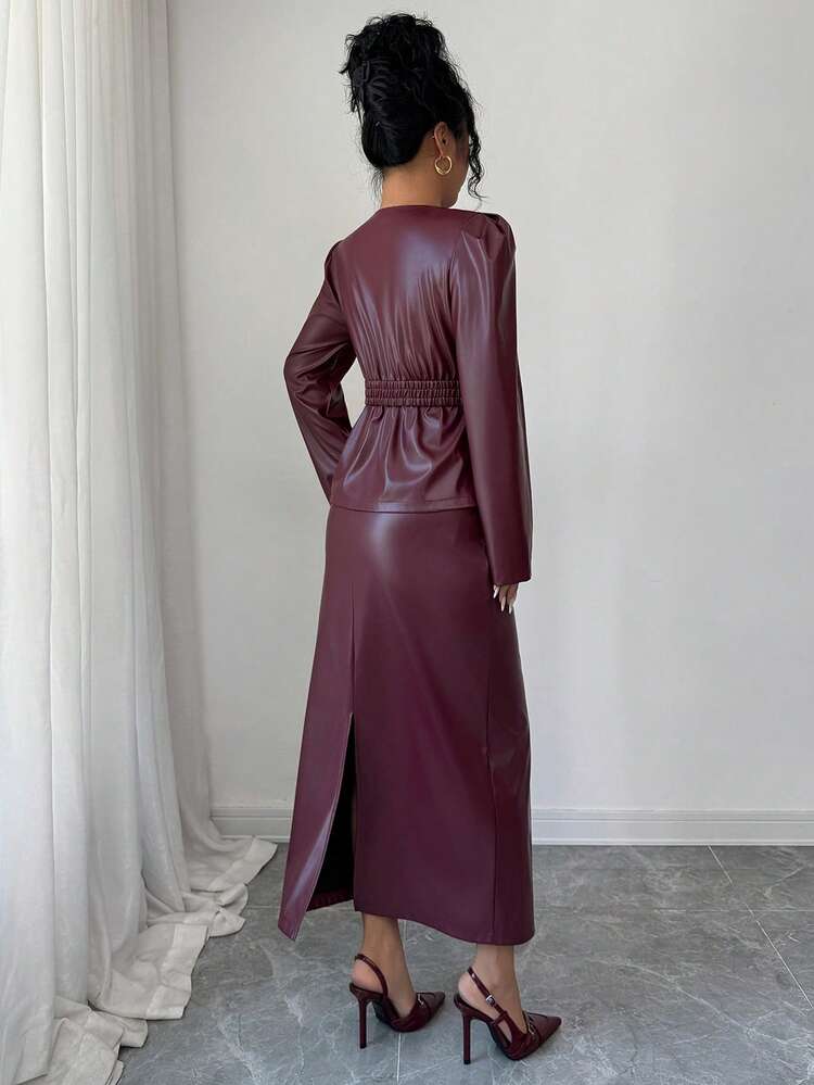Women's Solid Color PU Leather Ruffle Hem Belted Top And Skirt Elegant 2-Piece Set