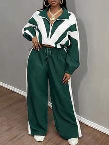 Slaydiva 2pcs/Set Women Contrast Color Splicing Zipper Long Sleeve Top And Drawstring Long Pants Sports Casual Suit - Multicolor - View 4