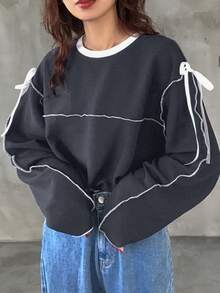 FRIFUL Women's Oversized Round Neck Contrast Color Bowknot T-Shirt Long Sleeve Women