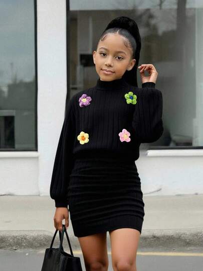 Vestido de punto para niñas de otoño/invierno con decoración floral 3D, vestido ajustado de canalé negro cepillado, informal y entallado para adolescentes