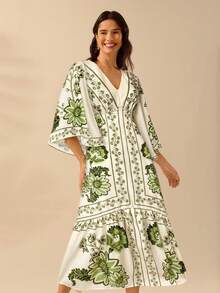 CAJUNI Váy hè thường ngày hở lưng, cổ chữ V, tay cánh dơi, họa tiết hoa cận nhiệt đới Bohemian dành cho nữ, màu xanh lá cây, váy mùa hè, trang trại - màu xanh lá - Xem 5