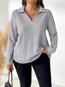 EMERY ROSE Plus Size Solid Color Rib Knit Casual Versatile Long Sleeve T-Shirt Fall Cloth For Women - Light Grey - View 3
