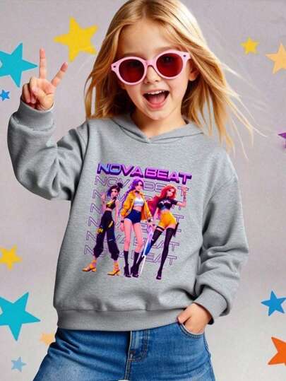SHEIN KPOP Witch Hunter Graphic Print Casual Pullover Sweatshirt For Girls, Comfortable, Soft And Skin-Friendly, Fashionable And Versatile, Suitable For Autumn/Winter