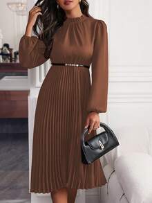 EMERY ROSE Solid Color Lantern Sleeve Dress With Pleated Hem Maxi Women Outfit - Rust Brown - View 3