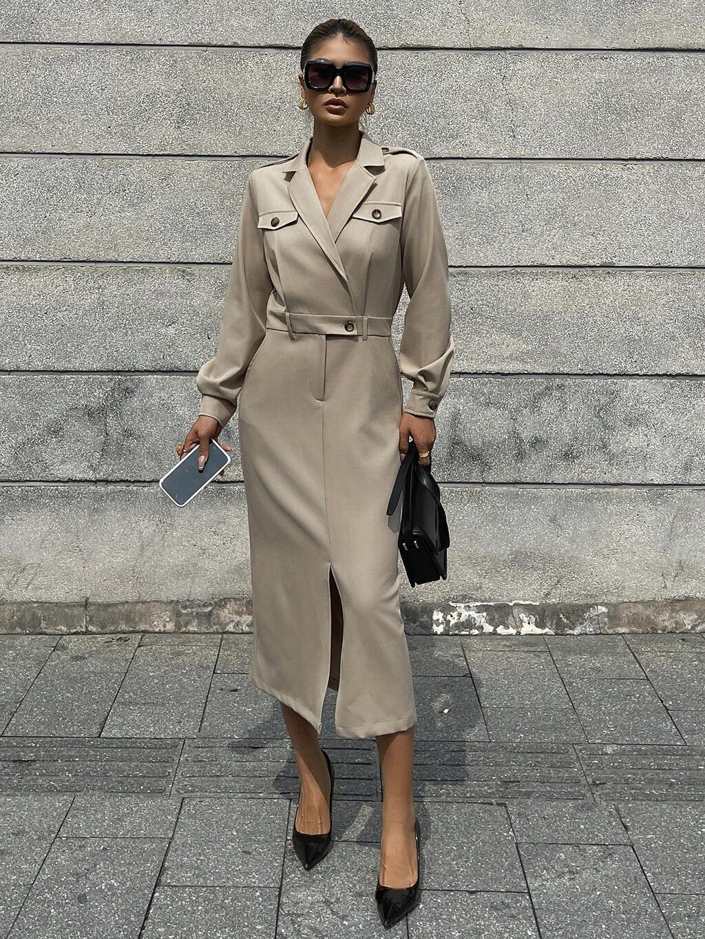 Women's Solid Color Lapel NeckLong Sleeve Split Hem Casual Commuter Midi Dress