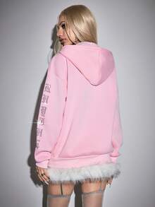 ROMWE Avant Y3K Rhinestone Music Note Graphic Loose Drawstring Hooded Long Sleeve Sweatshirt Jacket For Women - Pink - View 3