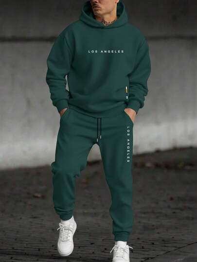 Manfinity Homme Loose Fit Men's Thermal Lined Letter Printed Hoodie And Sweatpants Two Pieces Set Los Angeles Outfit Designer Sweatsuit, Fall Winter Clothes