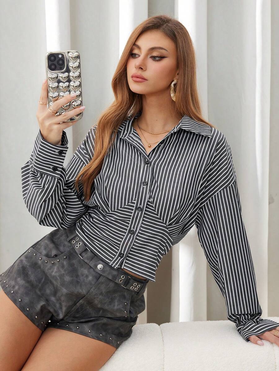 SHEIN Unity 条纹腰部收紧长袖女式长衬衫 - 灰色 - 查看 1