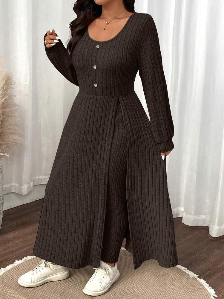 SHEIN LUNE Plus Size Women Solid Color Fuzzy Ribbed Minimalist Casual Autumn/Winter Top And Slim Fit Pants Set - Coffee Brown - View 5