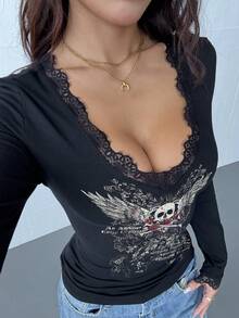 Attitoon Casual Deep V-Neck Lace Trim Fitted Long Sleeve T-Shirt, Suitable For Autumn/Winter, Skull Print, Rose Print, Suitable For Y2K, Retro Vintage - Black - View 5