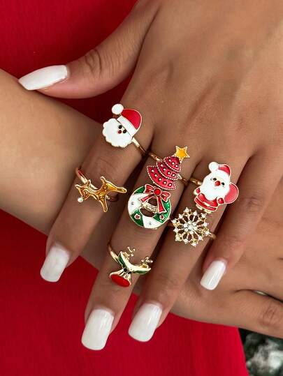 Kawaii 7 pièces Ensemble de bagues réglables de Noël mode et mignonnes, cadeau de vacances