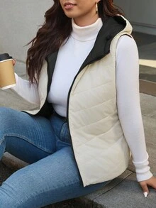 SHEIN Frenchy Plus Size Women Black Padded Vest, Comfortable Casual Versatile Everyday & Occasion Wear, Autumn/Winter , Puffer Vest
