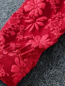 SHEIN Unity 女士红色提花面料翻领长袖休闲通勤时尚优雅复古衬衫 - 酒紅色 - 查看 6