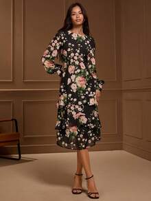 Lilora 女士印花优雅雪纺长袖荷叶边长裙，秋冬、商务、复古、派对、度假、外出、老钱、性感妩媚、舞会、晚宴、情人节、邮轮装扮、通勤、层次丰富、约会之夜、聚会、极简主义、生日、正式场合、外出、性感 - 彩色 - 查看 6