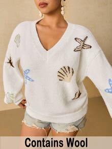 SHEIN VCAY Suéter de punto informal con temática oceánica, talla grande, otoño/invierno - Blanco - Ver 2