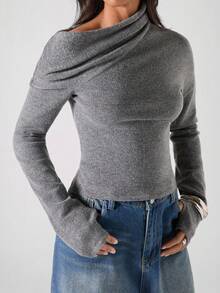 LYSMO 2025 Winter Women's Oblique Shoulder Ruched Long Sleeve Fitted Sweater,Autumn Chic Date Grey Cowl Neck Minimalism Solid Color Fashionable Tops - Grey - View 3