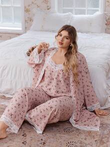 CottageSlumber 3pcs Plus Size Lace Patchwork Floral Print Sleepwear Set - Robe, Camisole Top, And Pants Fall Winter Clothes - Pink - View 7