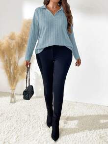 SHEIN LUNE Plus Size Women's Casual Everyday Simple Commute Solid Color Ribbed V-Neck Long Sleeve T-Shirt, Autumn - Blue - View 3