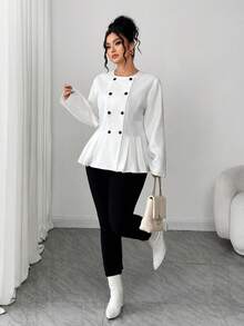Elenzga Plus Size Round Neck Long Sleeve Double-Breasted Umbrella Hem Elegant Woolen Sweater - White - View 5