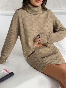 EURMUSE Taupe Textured Turtleneck Sweater & Ribbed Knit Skirt Co-Ord Set High Neck Checkered Knit Two Piece Set With Oversized Sweater And Bodycon Mini Skirt For Cozy Fall Looks - Camel - View 5