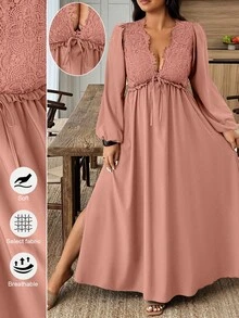 SHEIN LUNE Plus Size Elegant Lace Patchwork Side Slit Dress - Dusty Pink - View 1