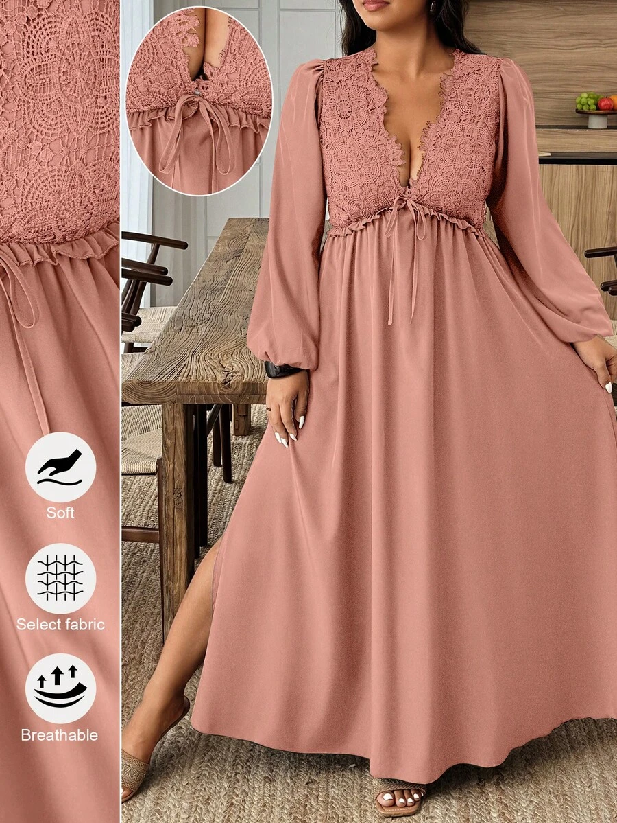 SHEIN LUNE Plus Size Elegant Lace Patchwork Side Slit Dress - Dusty Pink - View 1