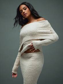 Hauture Pull poncho ample à épaules dénudées, tricoté, doux et douillet, style bohème décontracté sexy pour l'automne - Nude - Voir 1