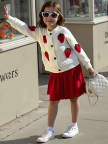 SHEIN Elladie kids Bộ áo len cardigan thêu hình quả dâu tây dễ thương cho bé gái kèm chân váy xếp ly. Áo len đan này có thiết kế thêu hình quả dâu tây rực rỡ, kết hợp với vải đan mềm mại, vừa thời trang vừa thoải mái. Kết hợp với chân váy xếp ly màu đỏ cổ điển, viền váy xếp ly tự nhiên tôn lên vẻ ngọt ngào và thanh lịch. Chất liệu mềm mại đảm bảo trải nghiệm mặc thoải mái, phù hợp với mùa thu/đông. - trắng - Xem 3