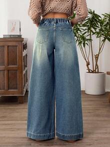 EMERY ROSE Quần jean ống rộng cài nút phía trước thiết kế đơn giản cho nữ cỡ lớn - Màu xanh lam - Xem 3