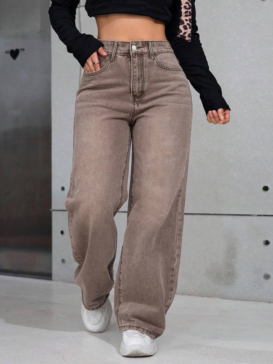 SHEIN ICON 大码女式高腰口袋阔腿复古牛仔裤 - 咖啡棕 - 查看 1