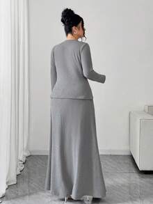 Elenzga 大码女式简约时尚秋冬毛绒灰色 V 领纽扣装饰针织长袖修身长裙两件套 - 灰色 - 查看 7