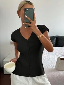 DAZY 女式纯色修身V领弹力休闲开衫，薄款，秋季 - 黑色 - 查看 6