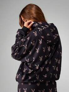Missguided x Playboy Leopard Print Bunny Head Pattern Long Sleeve Hoodie With Drawstring For Casual Winter Wear - Multicolor - View 2
