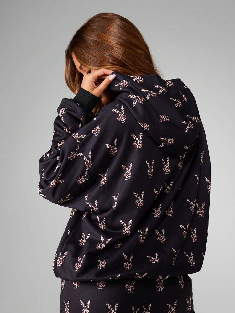 Missguided x Playboy Leopard Print Bunny Head Pattern Long Sleeve Hoodie With Drawstring For Casual Winter Wear