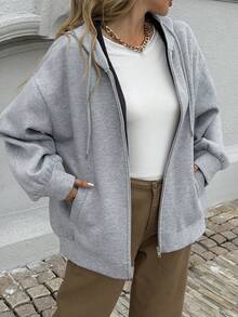 DAZY Women's Contrast Color Patchwork Loose Open Front Hooded Fleece Sweatshirt, Casual City Style Jacket,Winter Hoodies - Grey - View 2