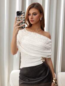 SHEIN Unity Top beige con hombros descubiertos y bordado elástico - Beis - Ver 5