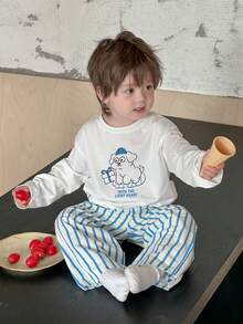 DAZY 2 Stücke Kleinkinder Jungen Cartoon Muster Kurzarm T-Shirt & gestreifte weite Hose Pyjama Set