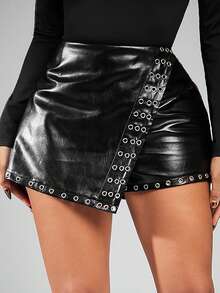 Radiana 女士 Sexy Street Dark Rock Y2K 黑色 PU 短裙、银色金属孔眼装饰下装、黑色 PU 短裤、黑色 PU 迷你裙、迷你短裤、迷你裙 - 黑色 - 查看 3