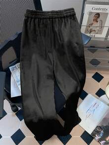 SHEIN 女士休闲日常通勤刺绣松紧腰宽松阔腿灯芯绒裤，秋冬 - 黑色 - 查看 2