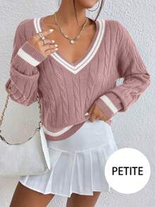 SHEIN PETITE Petite V-Neck Cable Knit Sweater, Long Sleeve Pullover Knitwear Top, Autumn Clothing - Dusty Pink - View 1