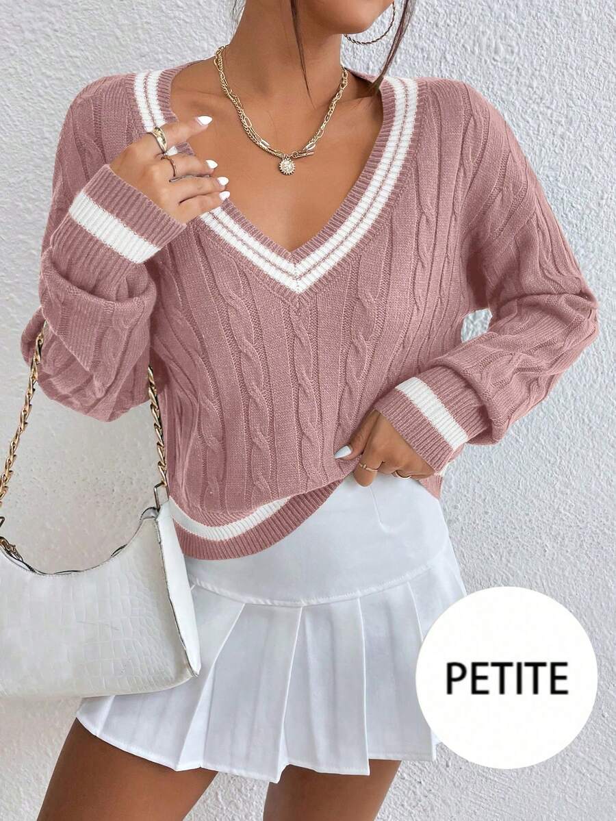 SHEIN PETITE Petite V-Neck Cable Knit Sweater, Long Sleeve Pullover Knitwear Top, Autumn Clothing - Dusty Pink - View 1