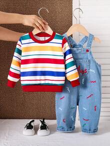 2pcs Baby Boys Cute Striped Contrast Color Drop Shoulder Autumn Hoodie & Embroidered Length Thermal Lined Overalls Set, Thick Warm For Winter - Multicolor - View 4