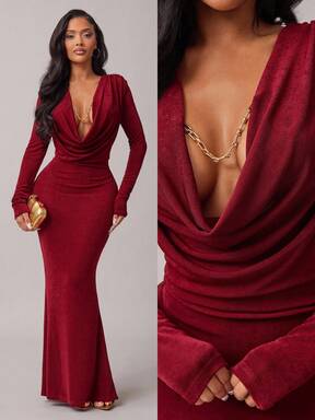 Radiana Robe longue élégante à encolure drapée et manches longues, style queue de poisson, couleur bordeaux. Robes rouges, robes de soirée, robes longues, convenant pour les rendez-vous, les réunions, les anniversaires, les fêtes, les remises de diplômes, les banquets, les cocktails, Noël, le Nouvel An, les occasions formelles, l'automne/l'hiver