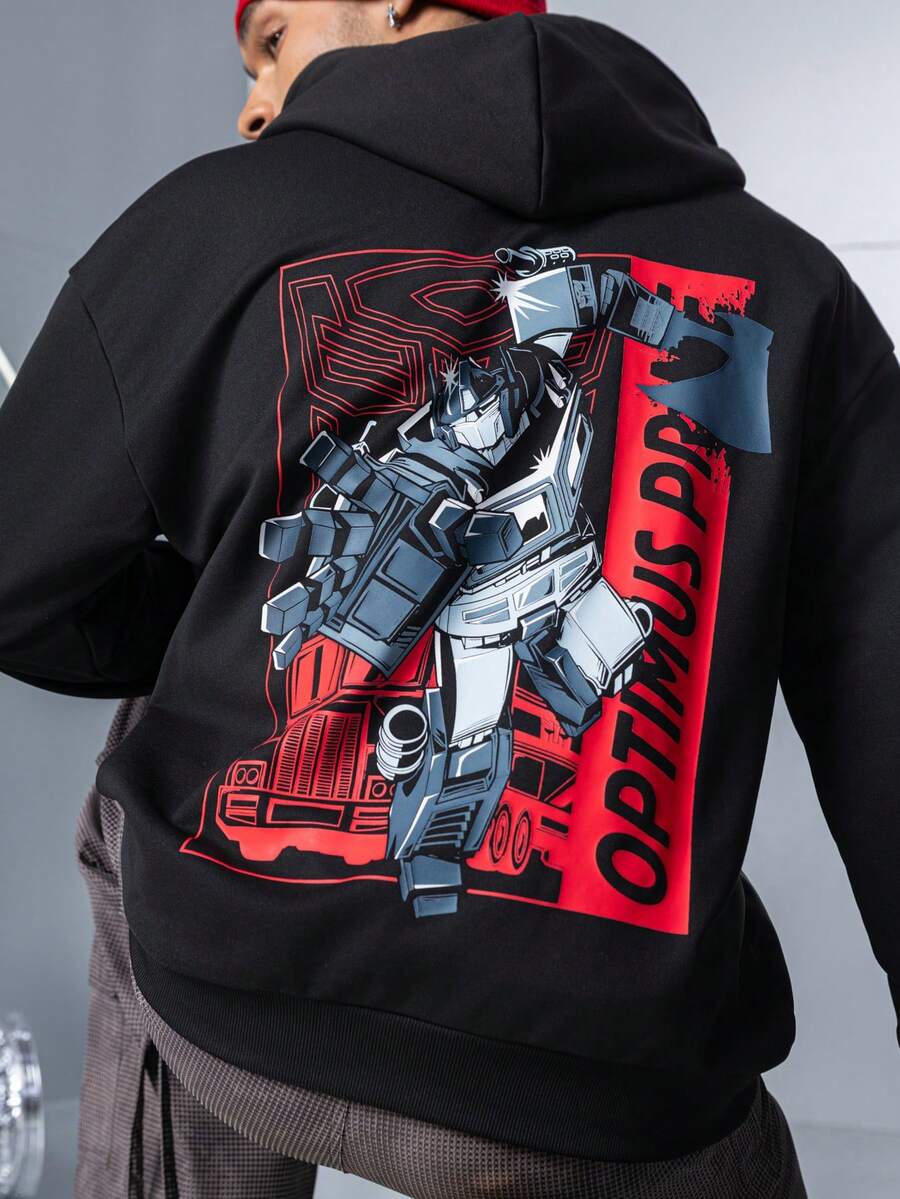Transformers X SHEIN 男士机器人与字母图案连帽套头衫 - 黑色 - 查看 1