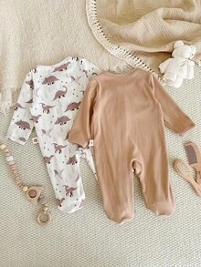 Cozy Pixies Bộ đồ liền thân và quần dài tay dài cổ tròn họa tiết khủng long hoạt hình cho bé trai/bé gái sơ sinh 2 món - Màu be - Xem 2